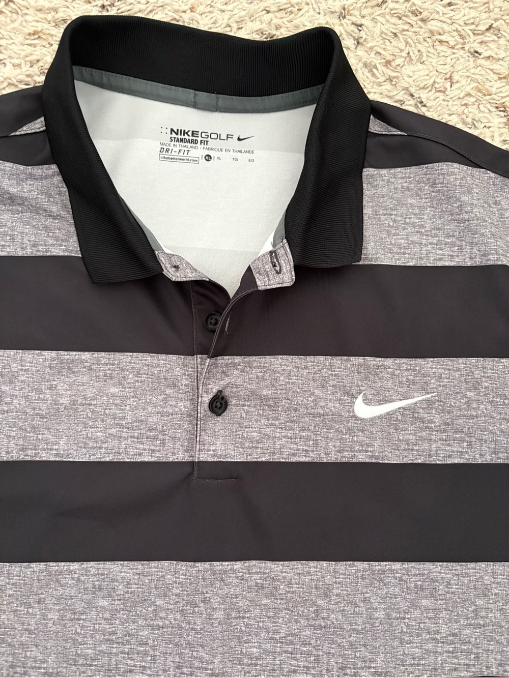 Sz XLNike Golf Standard Fit Dri-Fit Black And Grey Striped Short Sleeve Polo